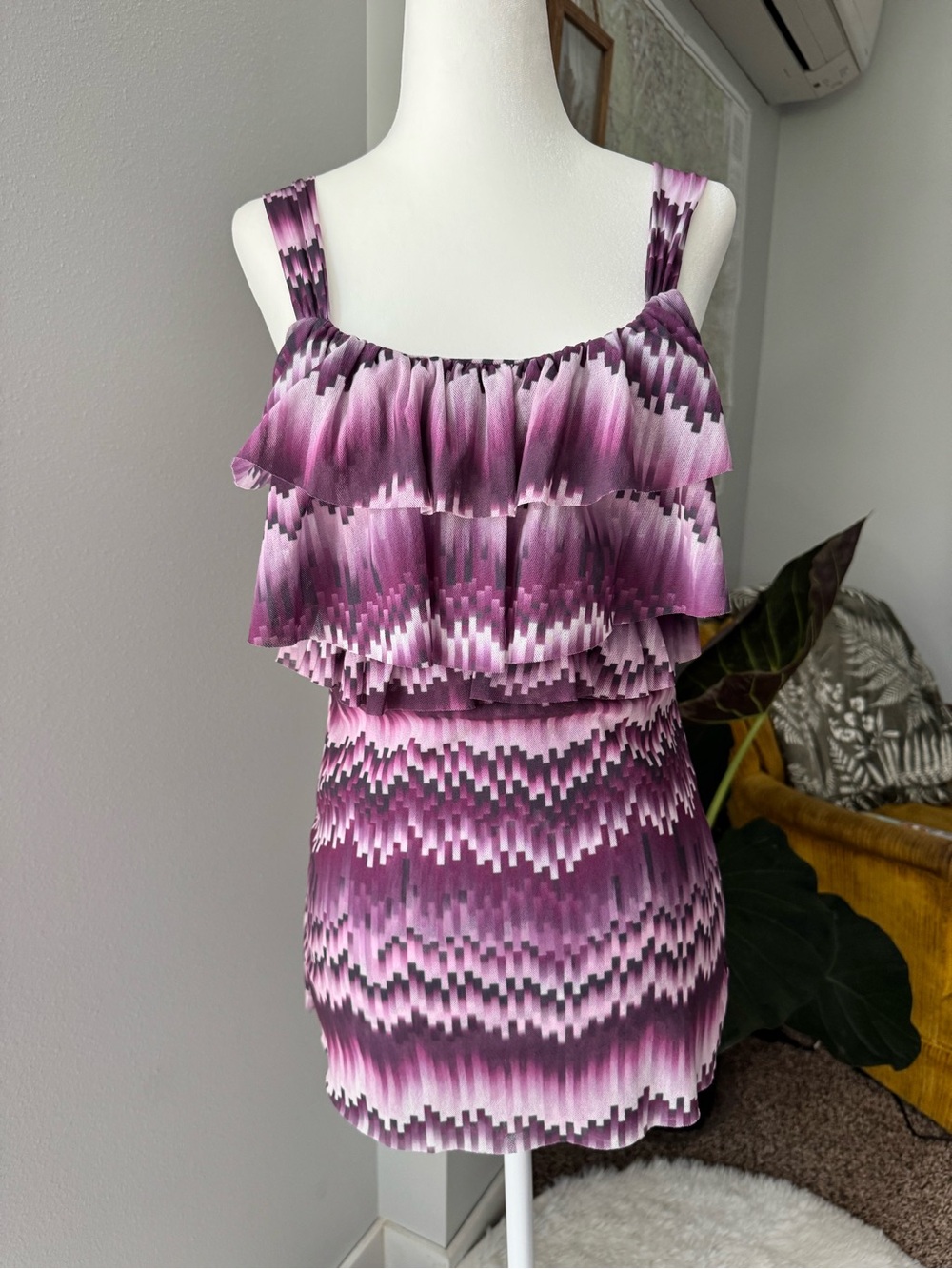 Sweet Pea by Stacy Frati mesh purple abstract geometric print ruffle tank medium